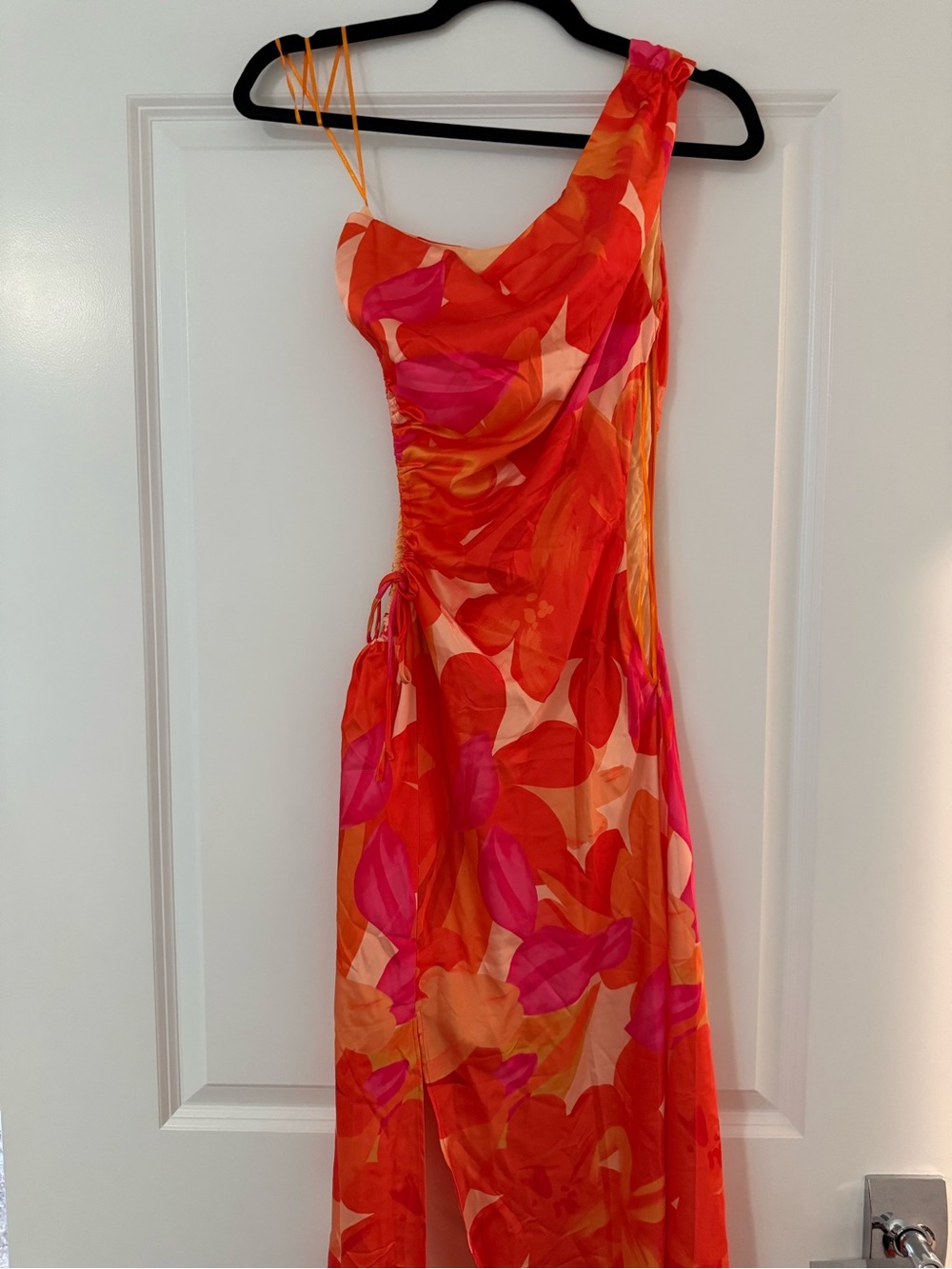 Asymmetric One-Shoulder Floral Maxi Dress in Orange & Pink